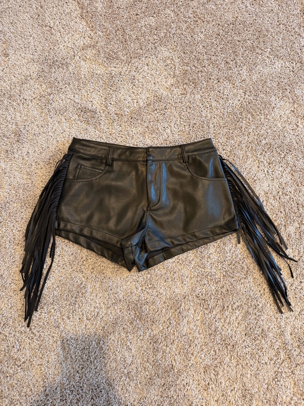 12th Tribe Steele Black Vegan Leather Fringe Shorts -Small
